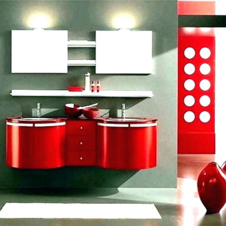 Red floating vanity in grey bathroom