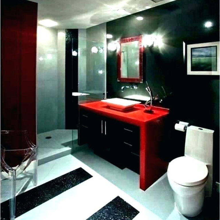 black and white bathroom with Red vanity