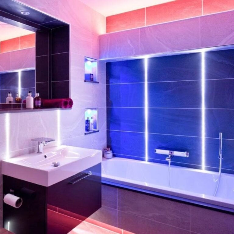 bathroom with warm lights to create calm mood for great bathroom makeover idea