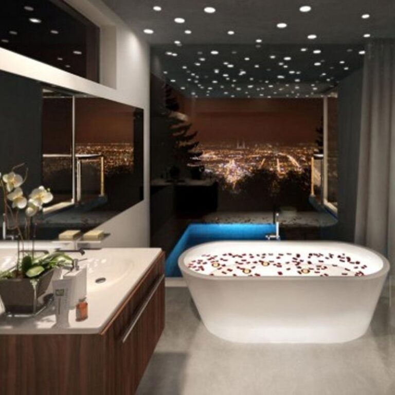 freestanding bathtub with light that makes it look like it's floating