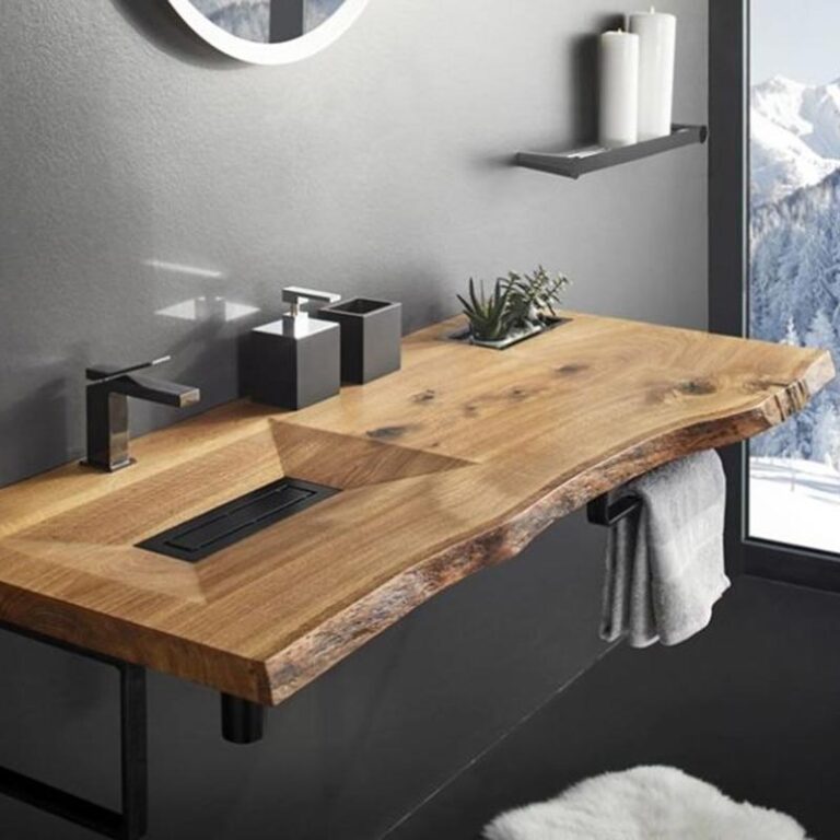 great example of a custom wood counter top used here for a bathroom vanity in a recent bathroom makeover remodel